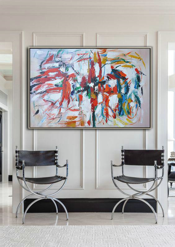 Abstract Painting Extra Large Canvas Art,Oversized Horizontal Contemporary Art,Acrylic Painting Wall Art,Red,White,Earthy Yellow,Pink.etc